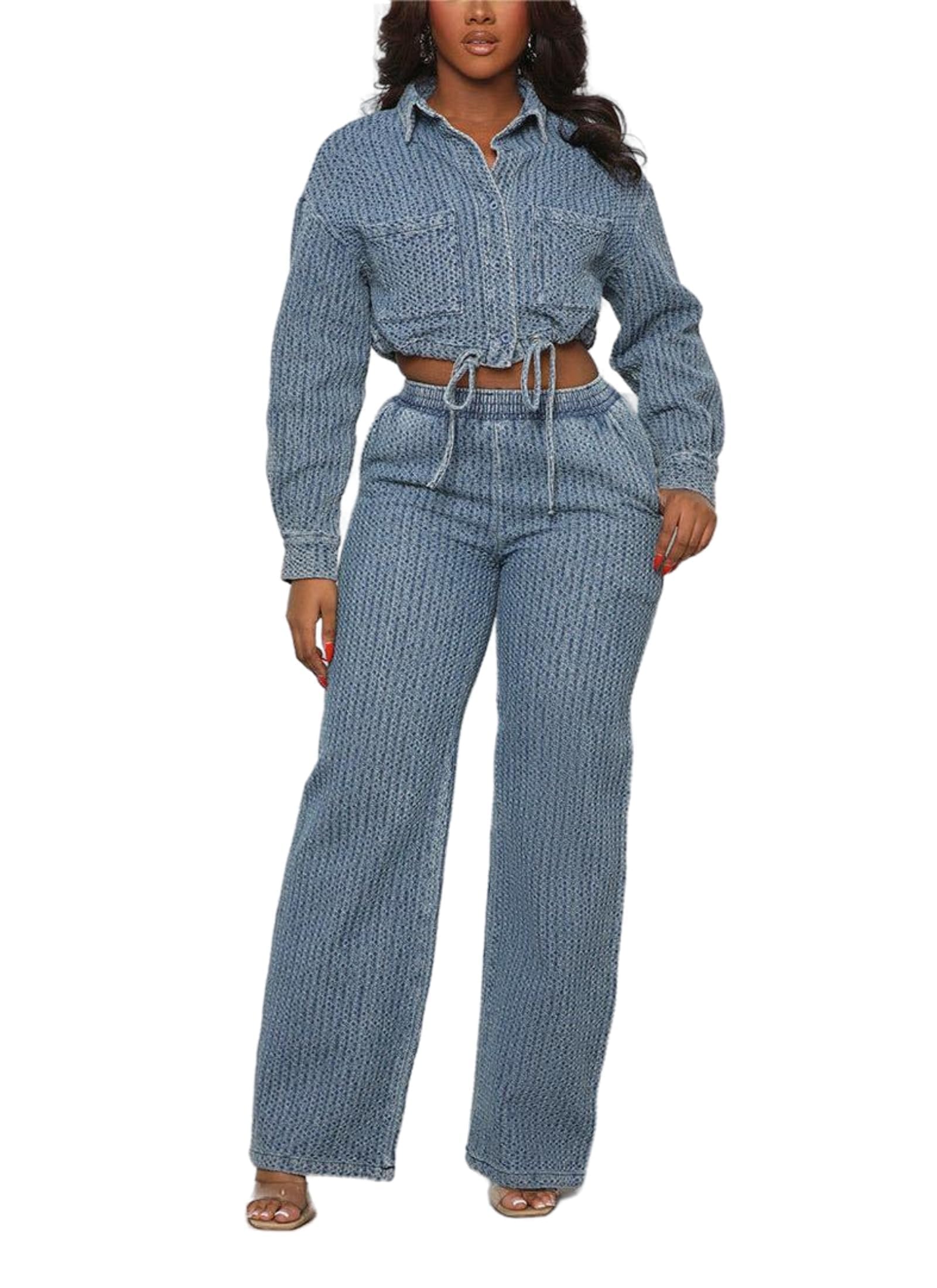 NIFTRIRY 2 Piece Outfits for Women Button Up Denim Jacket Wide Leg Pants Denim Set Going Outfits for