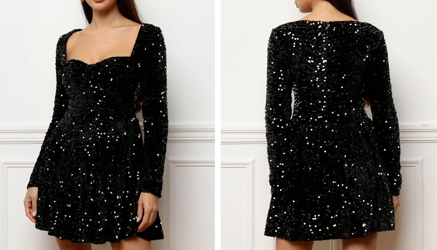 BOLLEY JOSS Women's Sequin Mini A Line Dress Elegant Sparkly Long Sleeves Evening Dress Low Cut Prom Party Homecoming Dresses - Image 4