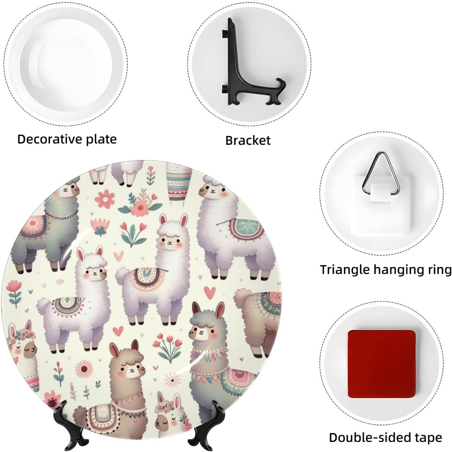Cute-Floral-Alpaca-Llama 10 Inch Decorative Plate With Stand, Elegant Display Wall Plate For Home Decor