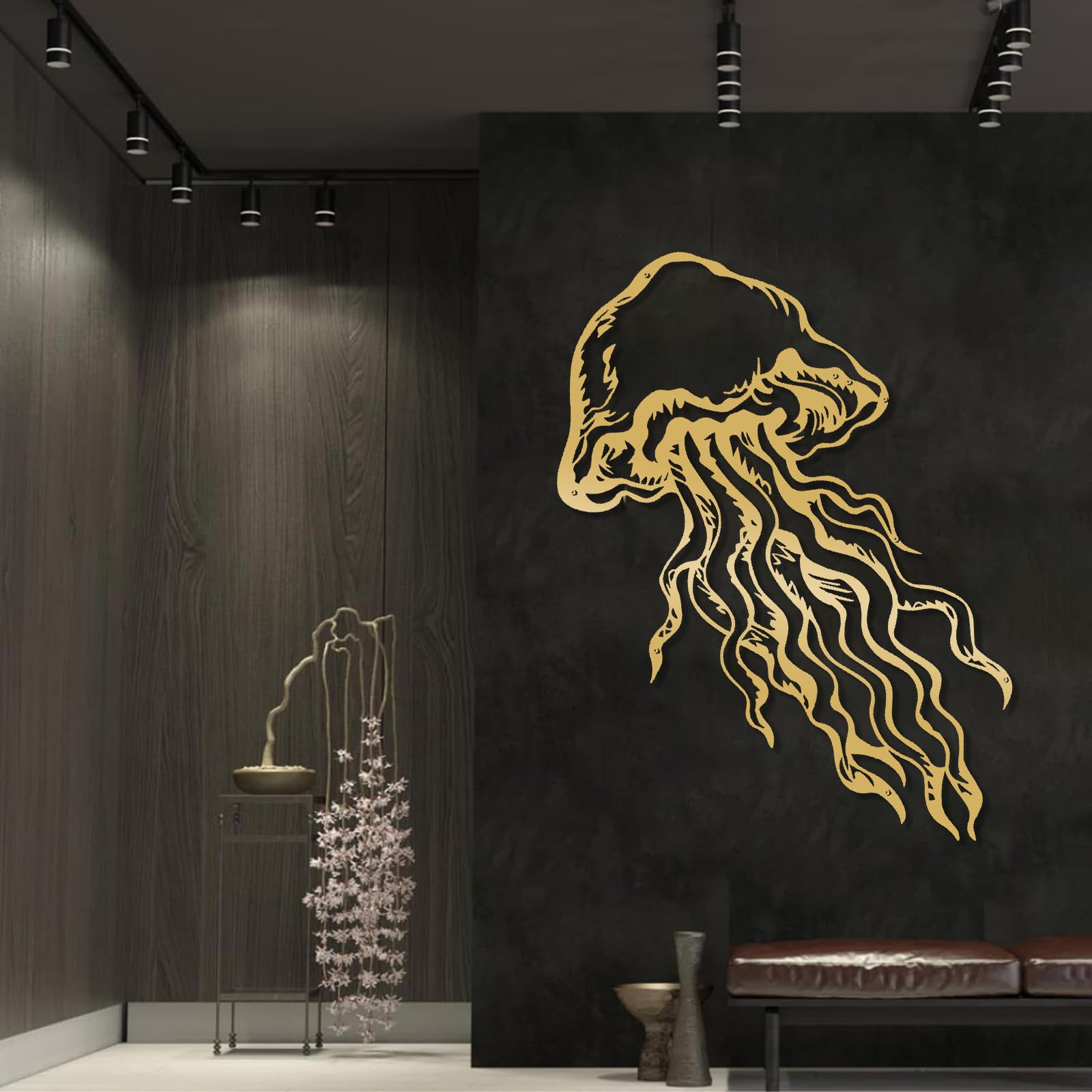 Współczesna abstrakcyjna metalowa dekoracja ścienna sztuka meduzy, dekoracja, życie morskie nowoczesny design prezent dla miłośników łazienki (47 x 90 cm, czarny)