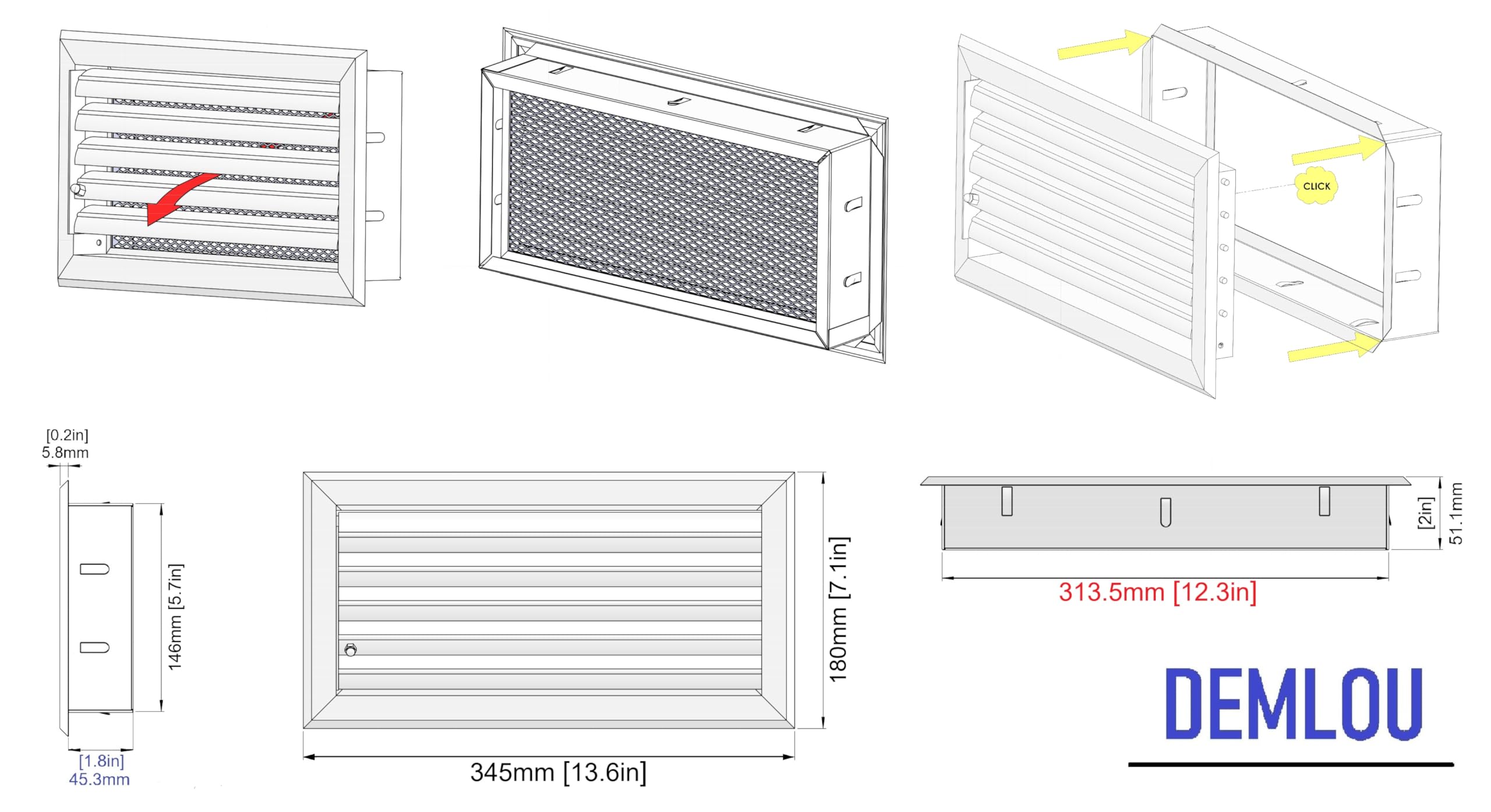 Griglia di Ventilazione in Alluminio – Alette Curve Orientabili – Flusso d’Aria Regolabile – Con Telaio e Rete – Ventilazione Interna ed Esterna – 30 x 15 cm.