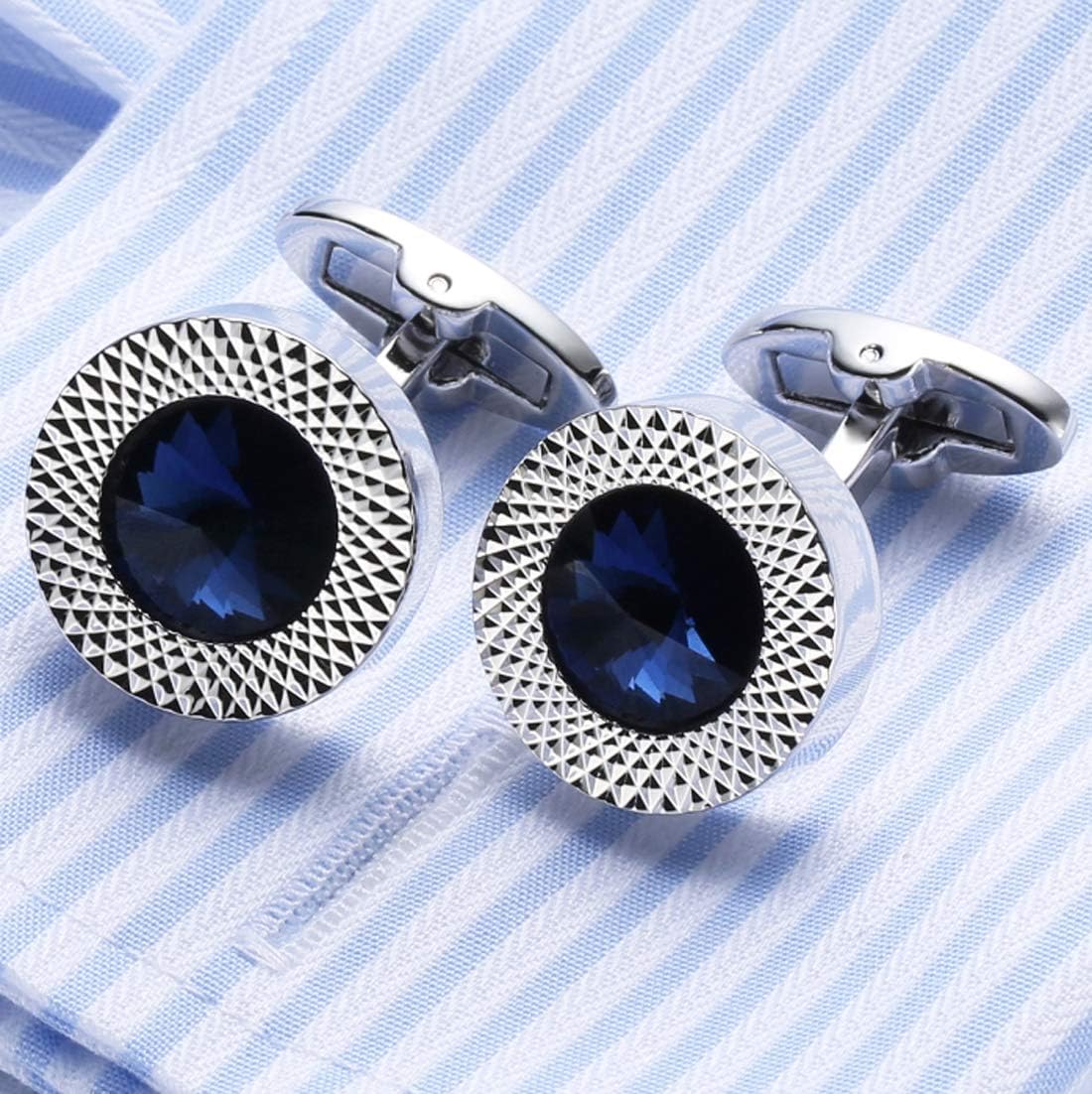 Round Sapphire Blue Crystal Cufflinks Blue Crystal Gem stone Cuff links