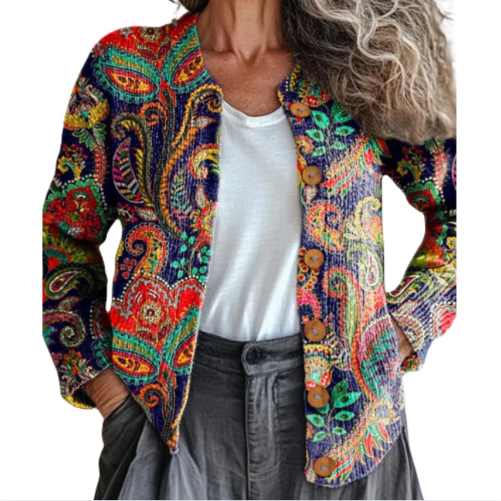 Womens Vintage Floral Abstract Geometric Pattern Art Print Buttoned Cardigan Sweater Women Casual Regular Long Sleeve Tops Spring