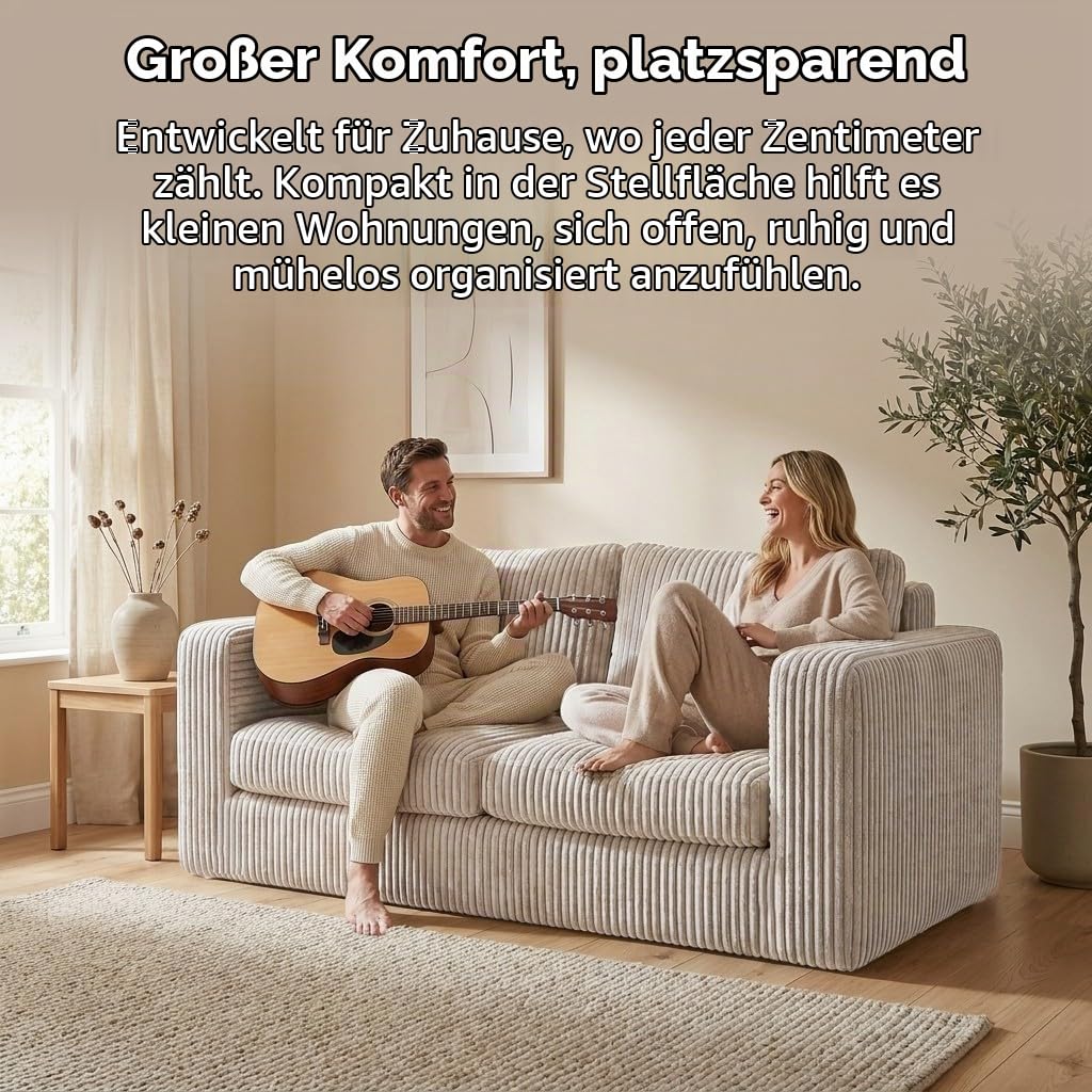 RUMMY 2-Sitzer Sofa aus Cord, kleines rahmenloses Sofa mit Cloud-Sofa-Komfort, hochelastischem Schaumstoff, Kompressionssofa und Bodensofa für Wohnzimmer, Elfenbeinweiß