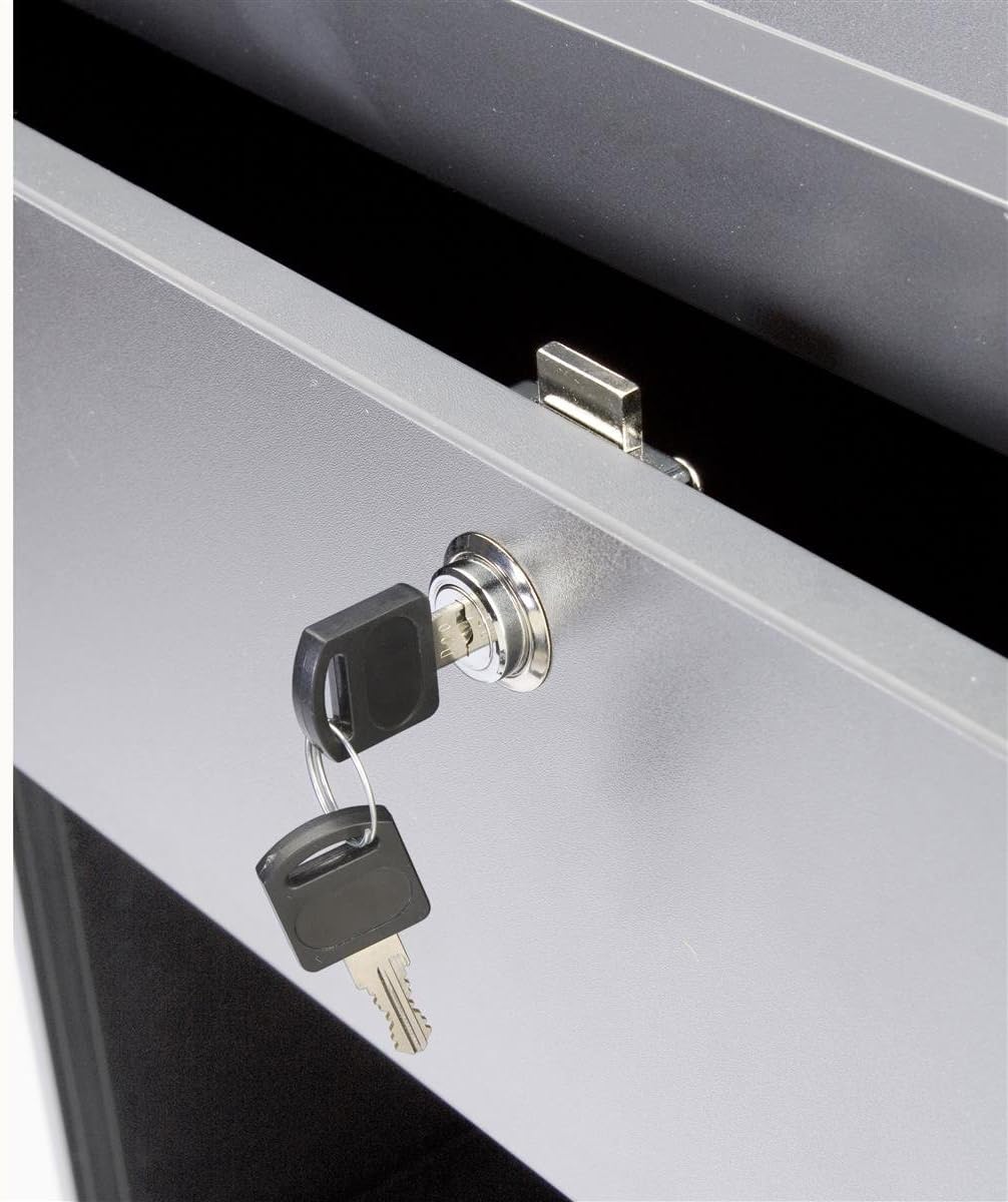 Displays2go Silver Laminate Cash Register Stand with Locking Drawer and Adjustable Storage Shelf, 24 x 38 x 23-3/4-Inch