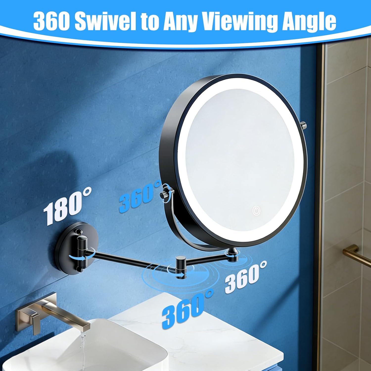Rechargeable Wall Mounted Lighted Makeup Mirror 30X Magnifying Mirror with Light Dimmable LED Bathroom Mirror Black 360°Swivel Adjustable Vanity Mirror Arm (Black 1, 8.3" L x 9.5" W)