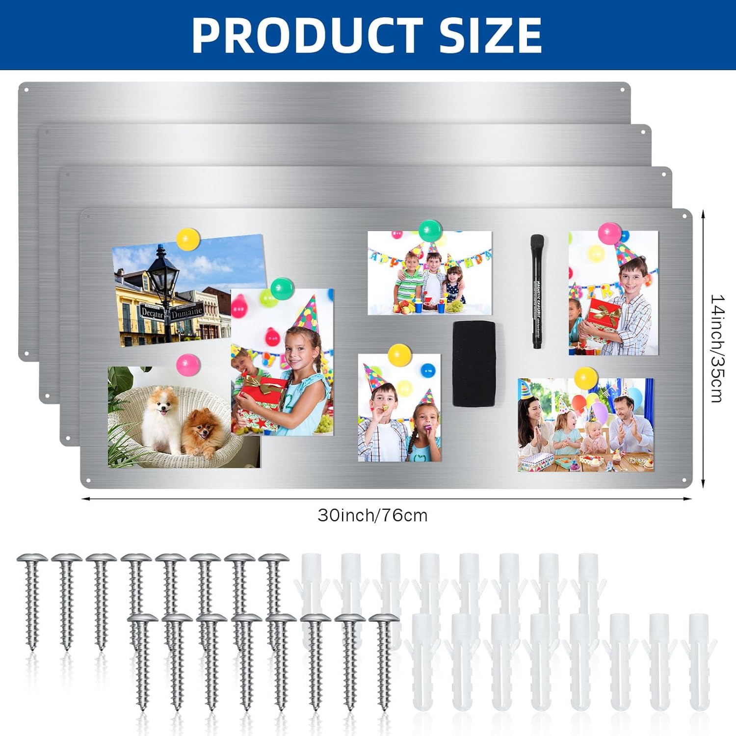 Therwen 2 Pieces 30 x 14 Inches Magnetic Wall Board Wet Erase Stainless Steel Magnet Bulletin Board with Mounting Screws for Home Office School Wall Refrigerator Display