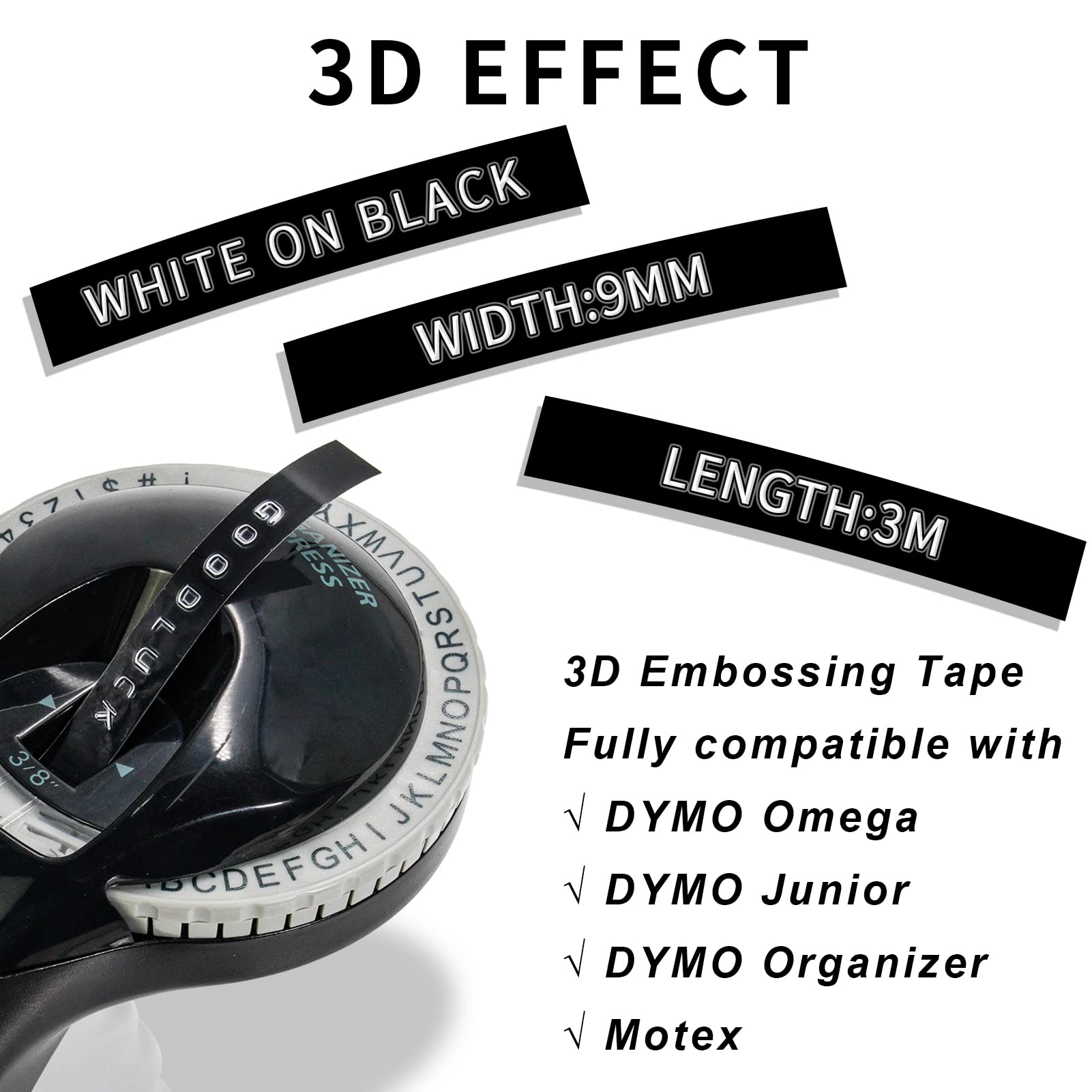 Ruban D'étiquettes 3D En Relief 9mm Pour étiqueteuse Dymo 3D - Lot De 5 Rouleaux - Neuf