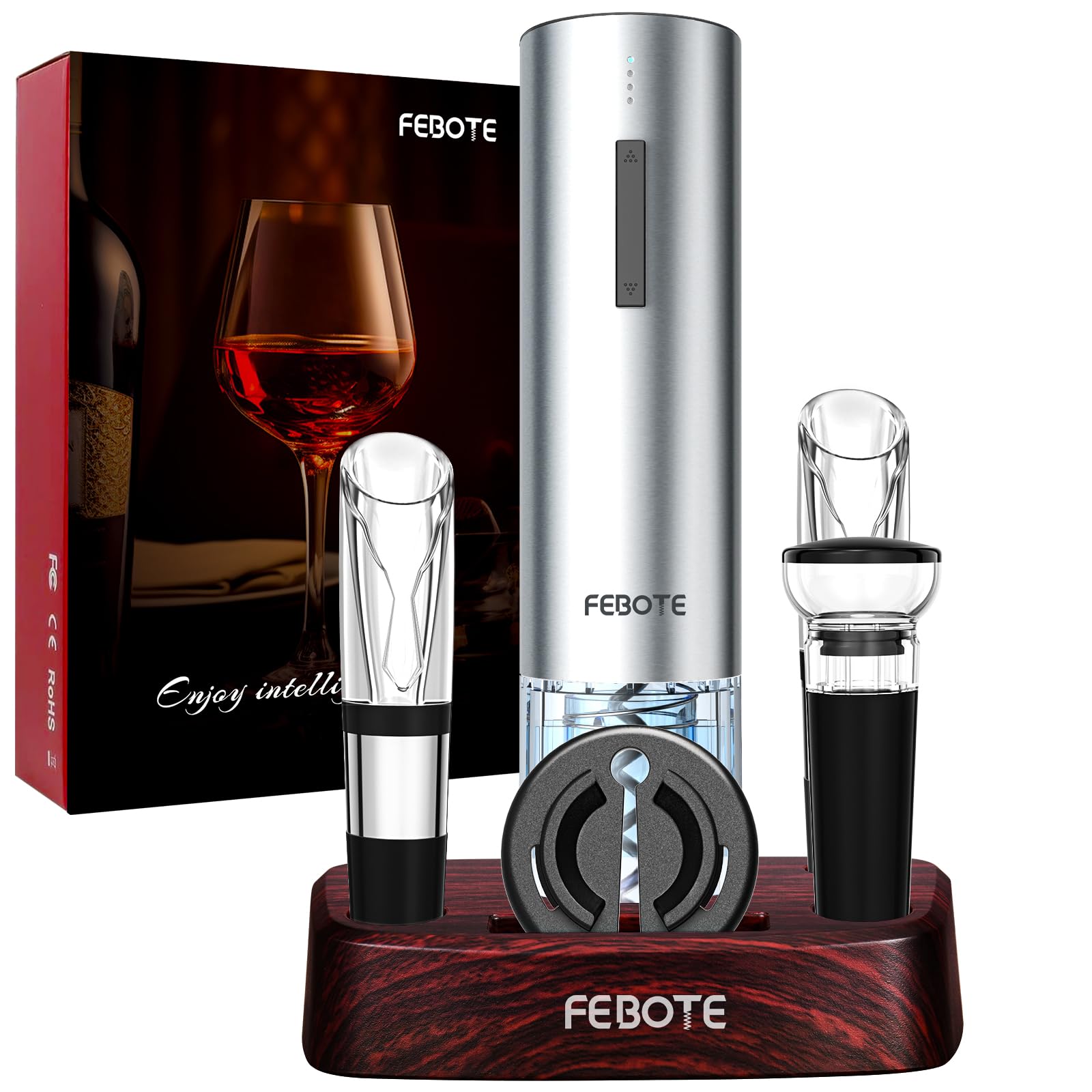 FEBOTE Electric Wine Opener Set, Rechargable Automatic Wine Bottle Corkscrew Opener with Wood Stand - 2 Vacuum Wine Stoppers Wine Aerator Foil Cutter for Home Bar Party Valentine's Day Christmas Gift