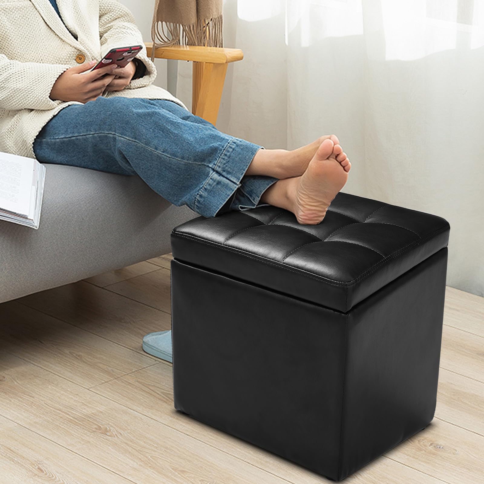 Pouf De Rangement Rectangulaire Avec Couvercle - Tabouret Velours Et Bois - Compartiment Secret - Pour Entrée Ou Chambre