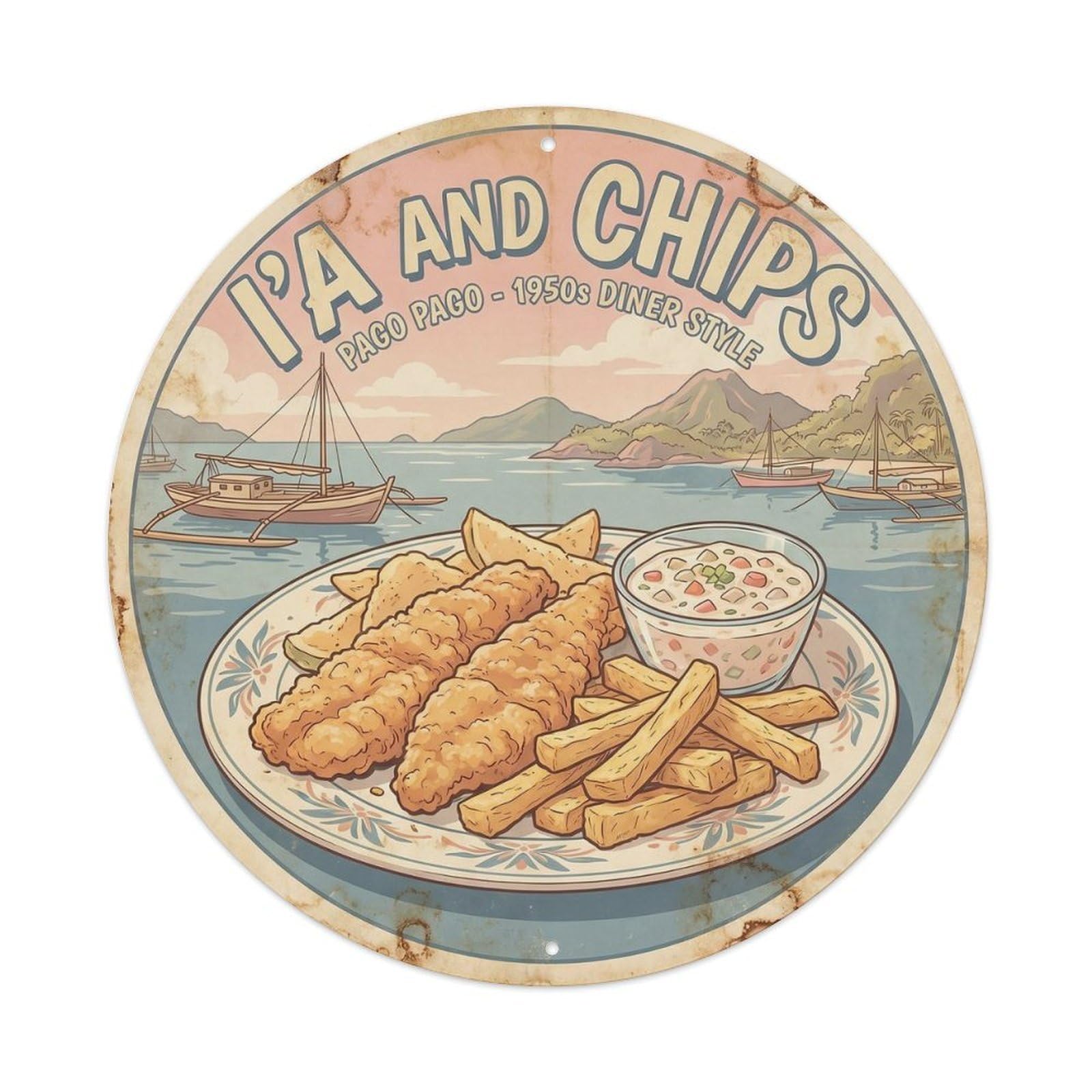 American Samoa Seaside Fish Chips Vintage Culture Metal Tin Sign