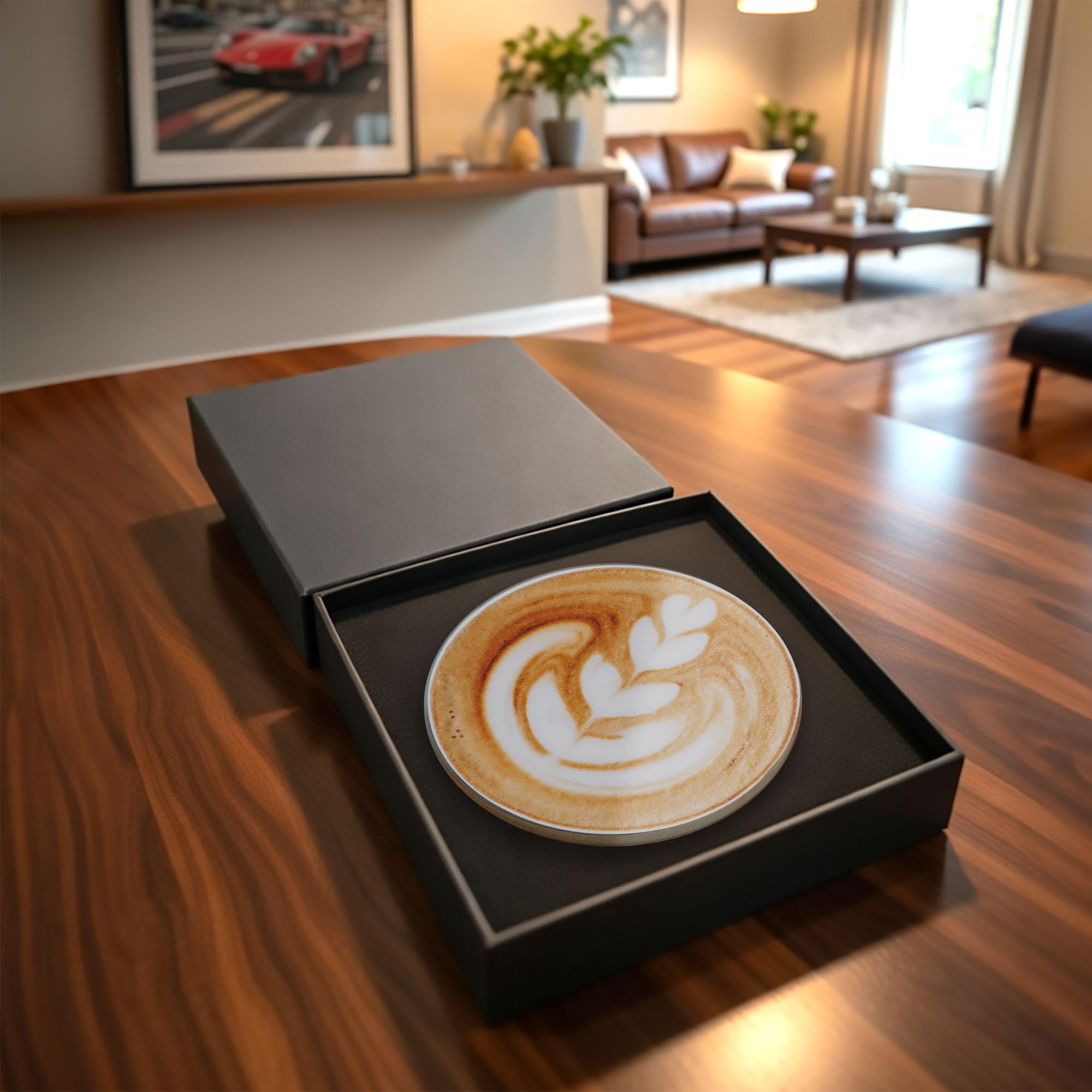 Coffee Art Round Glass Coaster Barista Drink Coaster Tempered Glass Coffee Lover Gift (Gift Box Packaging)