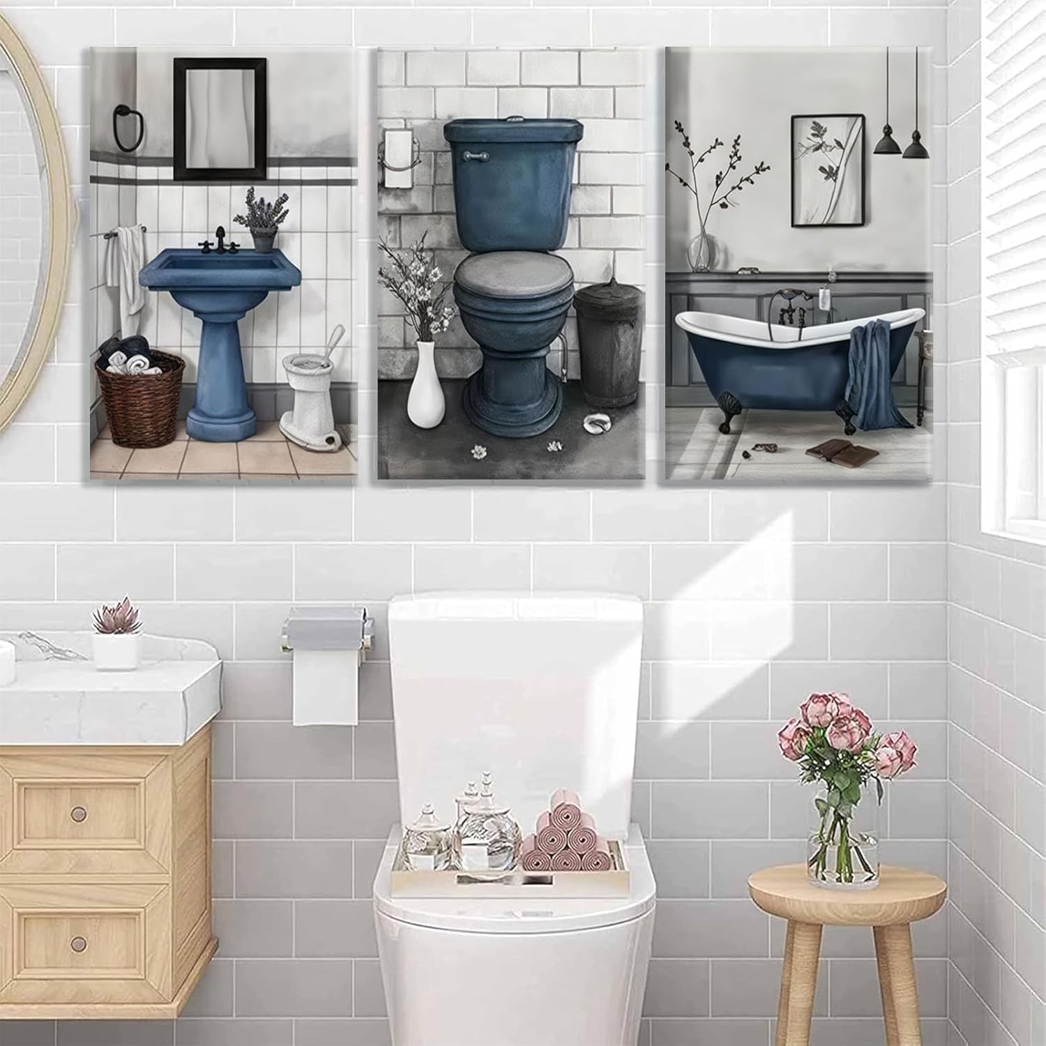 Navy Blue Bathroom Canvas Wall Art Rustic Blue Bathroom Painting Pictures Wall Decor Fun Blue Bathtub and Toilet Poster Printing Artwork for Washroom Restroom Home Decoration