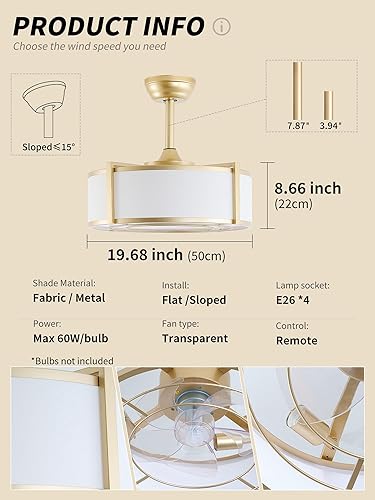 Miniatura 6 de Ventiladores de techo enjaulados de 20 pulgadas con luces, ventilador de techo dorado con luz, ventilador de araña bohemio, control remoto, 6