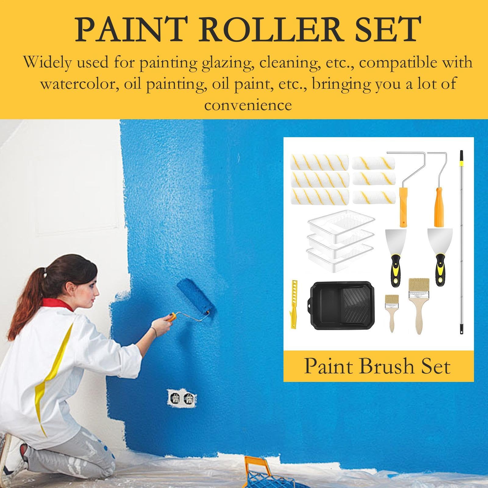 Malerroller-Set, multifunktionales Farbrollen-Set mit ausziehbarem Griff, Renovierungszubehör für Haushaltsprojekte, für Dekoration, Terrassen, Türen, Zäune,