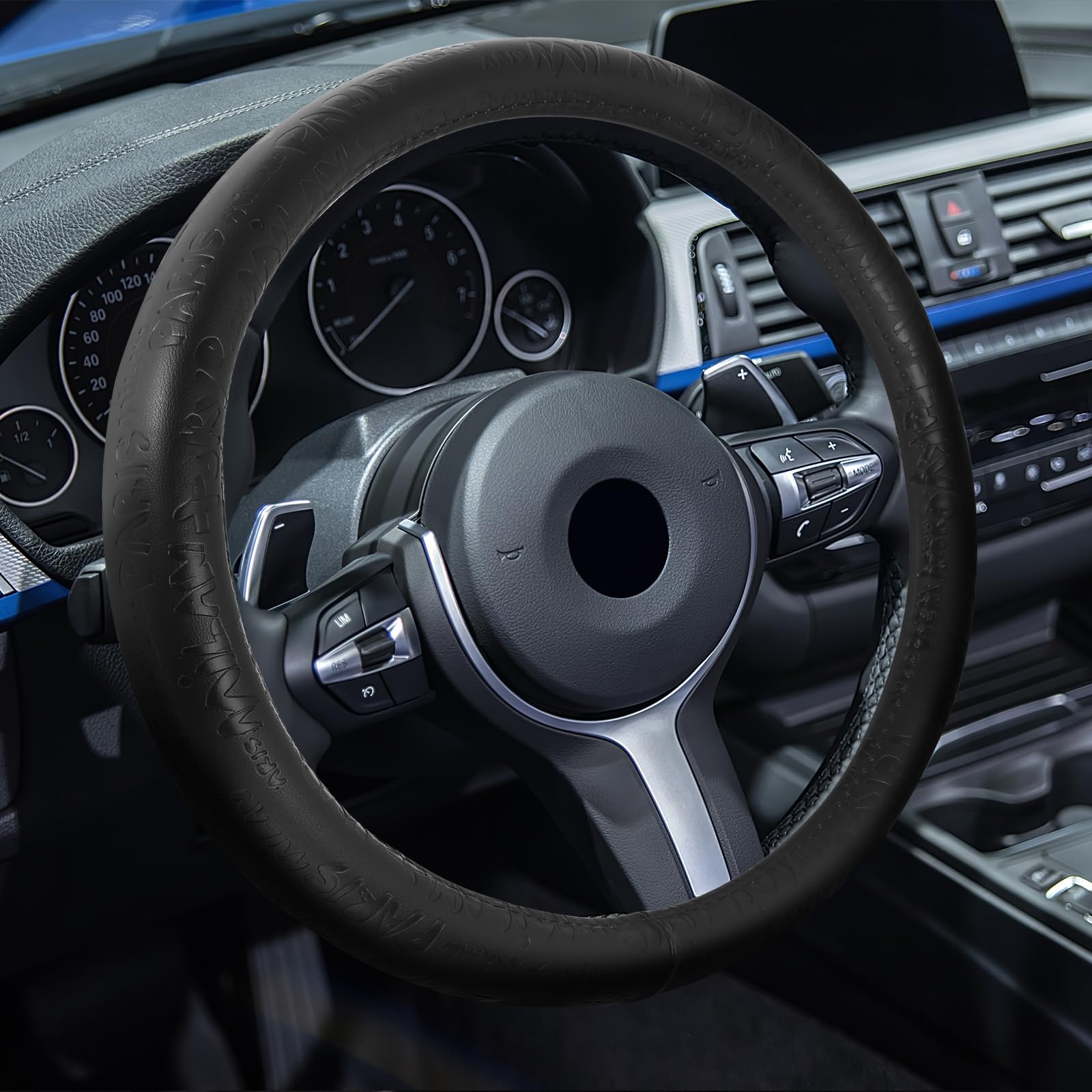 Photo 1 of GSPSCN Letter 3D Print Steering Wheel Cover, Premium Leather Auto Steering Wheel Protector, Odorless, Heat Resistant, Anti-Slip Sporty for Women Man Universal 15 inch (Black-Letter) Standard size[14 1/2''-15''] Black-Letter