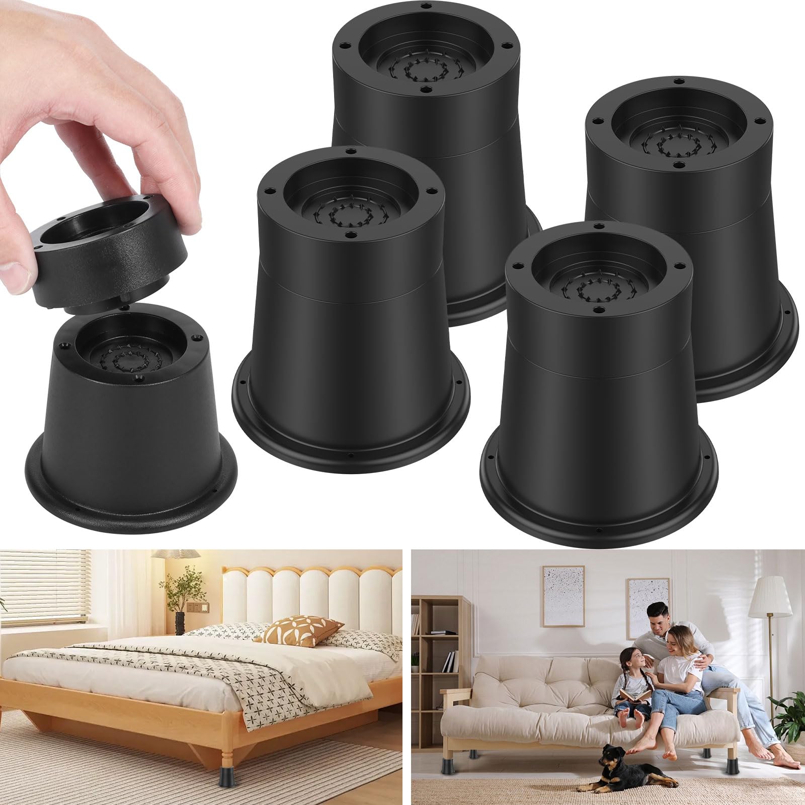 Adjustable Bed Risers 3.3 Inch Round Furniture Risers Heavy Duty Bed Lifts Risers Supports Up to 6000 lbs Bed Frame Riser Rubber Sofa Riser Bed