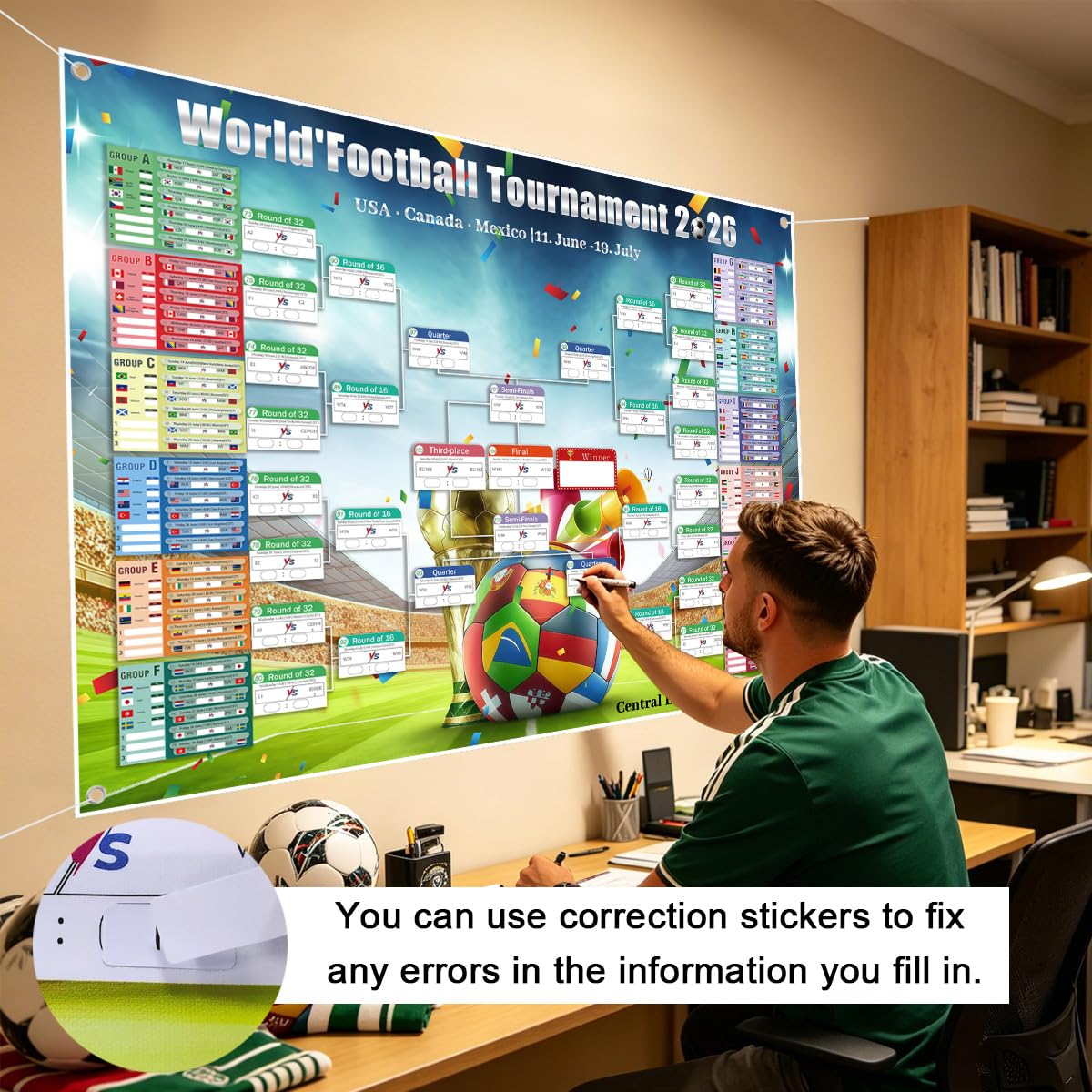 Póster de Calendario de la Copa del Mundo 2026,150x100 cm,con pegatinas de corrección de cuerda para colgar,Incluye 48 Equipos Participantes e Info de Partidos,para Salón Bar Fiesta (150x100)
