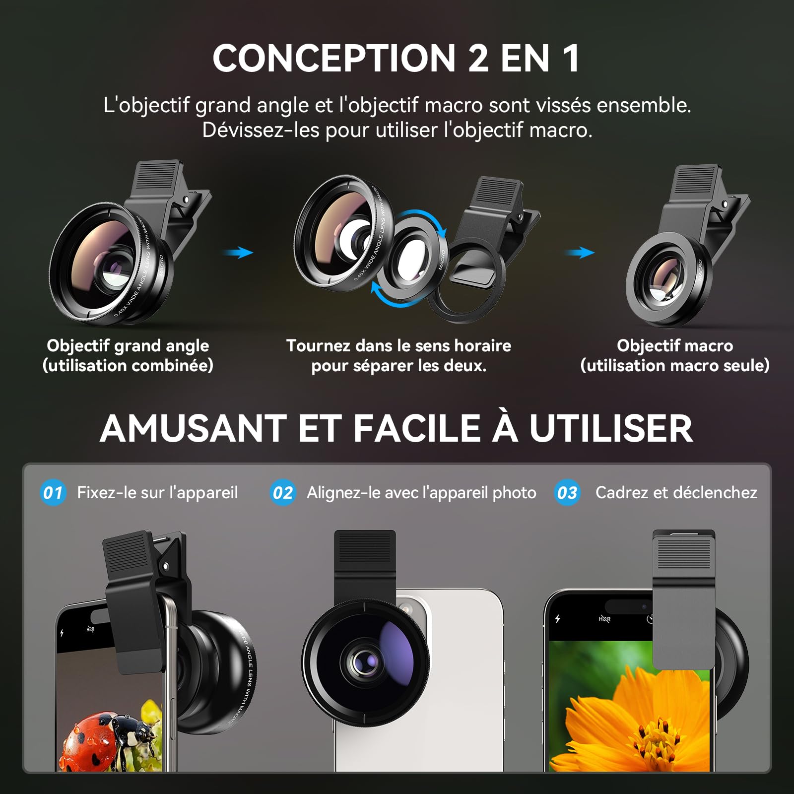 Evil Eye​ Kit d'Objectifs Universel pour iPhone & Smartphone : 140° Grand-Angle & 12,5X Objectif Macro iPhone, à Clip pour Photos Paysages Magnifiques et Gros Plans — Idéal Cadeau
