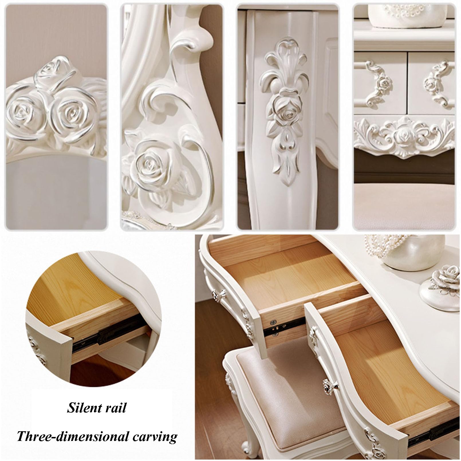 Juego de tocador y mesa de estilo europeo, taburete tapizado, mesa de maquillaje con 4 cajones, muebles de dormitorio para niñas, regalo elegante para mujeres