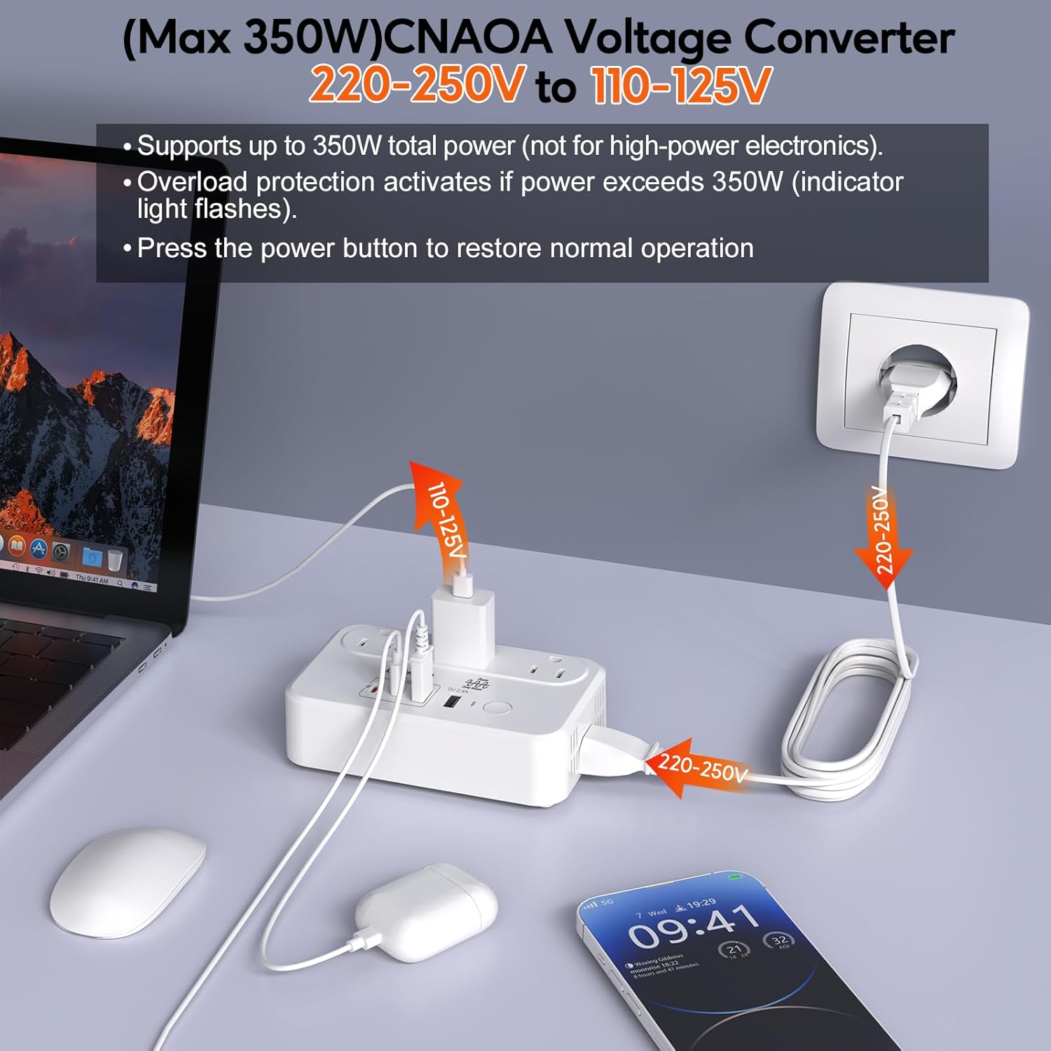 220V to 110V Voltage Converter, 350W Pure Sine Wave Voltage Converter US to Europe with 35W PD 2 Type C Port 2 USB A Port, International Power Converter Combo Plug for International Travel White