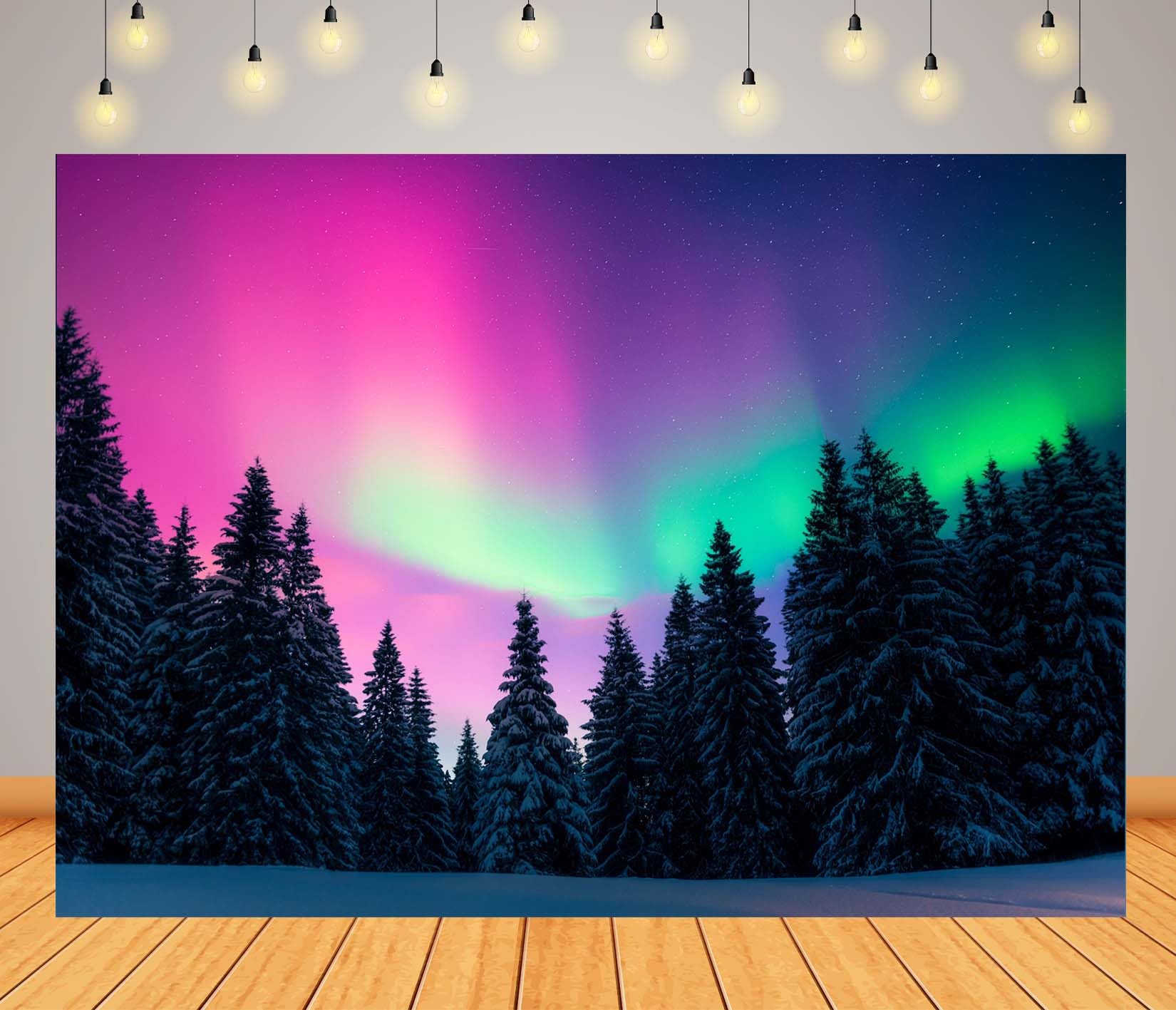 Stoff 3x2,5m (10x8FT) Nordlichter Schneewald Fotohintergrund Rosa Grüner Himmel Kiefern Kulisse für Winter Feiertag Porträt Familie Erwachsene