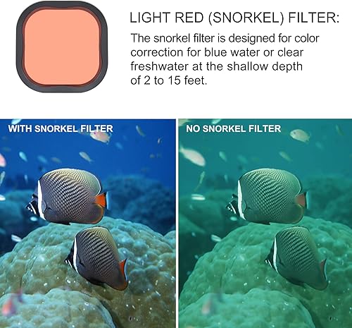 Miniatura 6 de Paquete de 4 filtros de buceo subacuáticos para GoPro Hero 8 9 10 11 12, carcasa impermeable oficial negra en rojo, rojo claro, magenta y 5 filtros