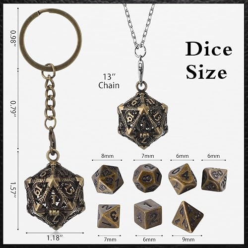 Miniatura 4 de Syhood Juego de dados pequeños, 7 piezas de dados pequeños de metal hueco D20, collar D20, llavero, juegos de mesa para juegos de rol, regalo