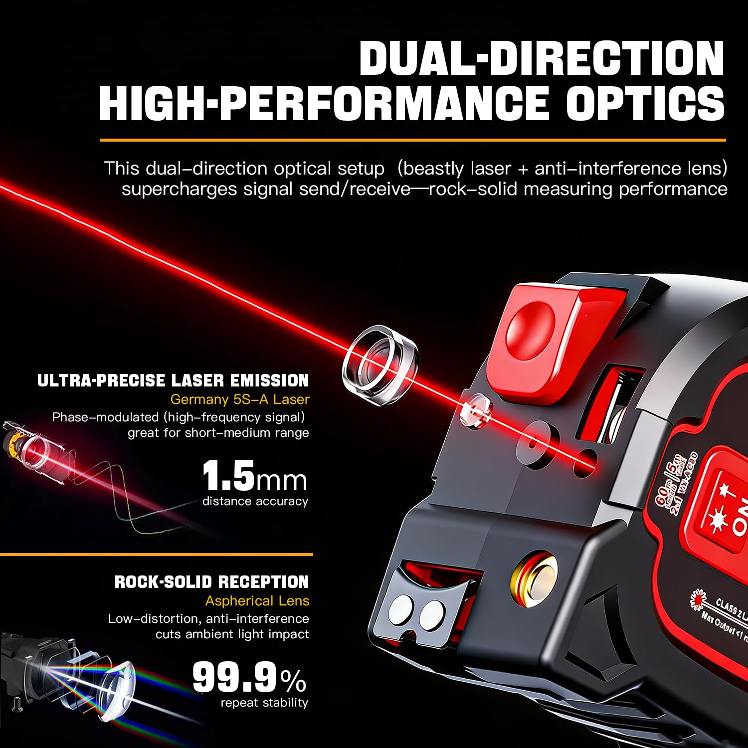 Mètre ruban laser 3 en 1 – Distance laser maximale de 69,7 m et ruban à mesurer autolock de 4,9 m, précision professionnelle ± 0,6 cm, rechargeable de type C, crochet magnétique, 6 modes pour la