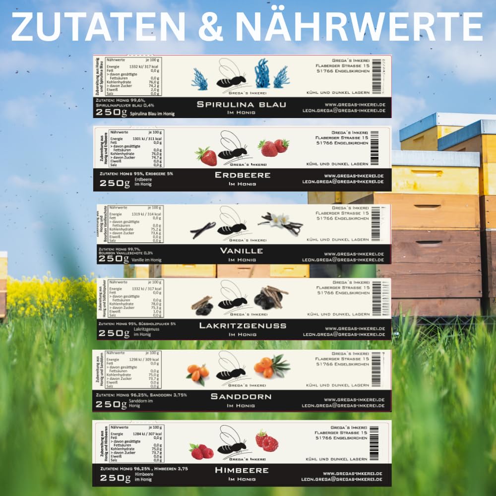 Gregas Imkerei 6er Box – Honigsüßer Brotaufstrich aus Familienimkerei mit Früchten & anderen Spezialitäten wie Lakritze, Vanille & Spirulina Blau verfeinert – Probier- & Geschenkset | 6x 250g