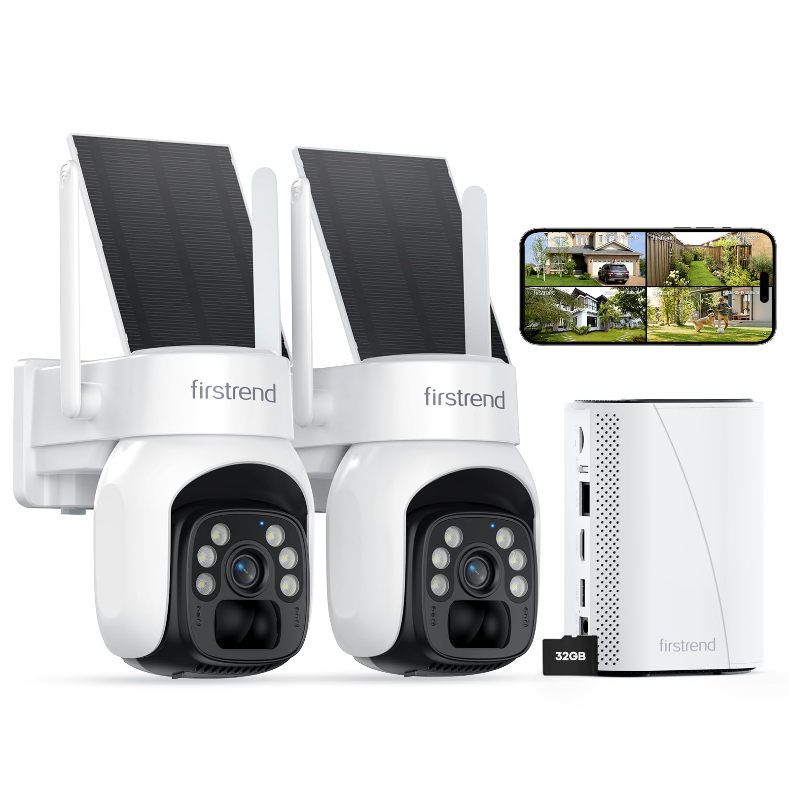 firstrend Solar Security Cameras Wireless Outdoor, 2K Color Night Vision | Human Auto Tracking, Two-Way Audio, WiFi Home Security Camera System, No Monthly Fee, IP65 Waterproof, 2 Camera Kit