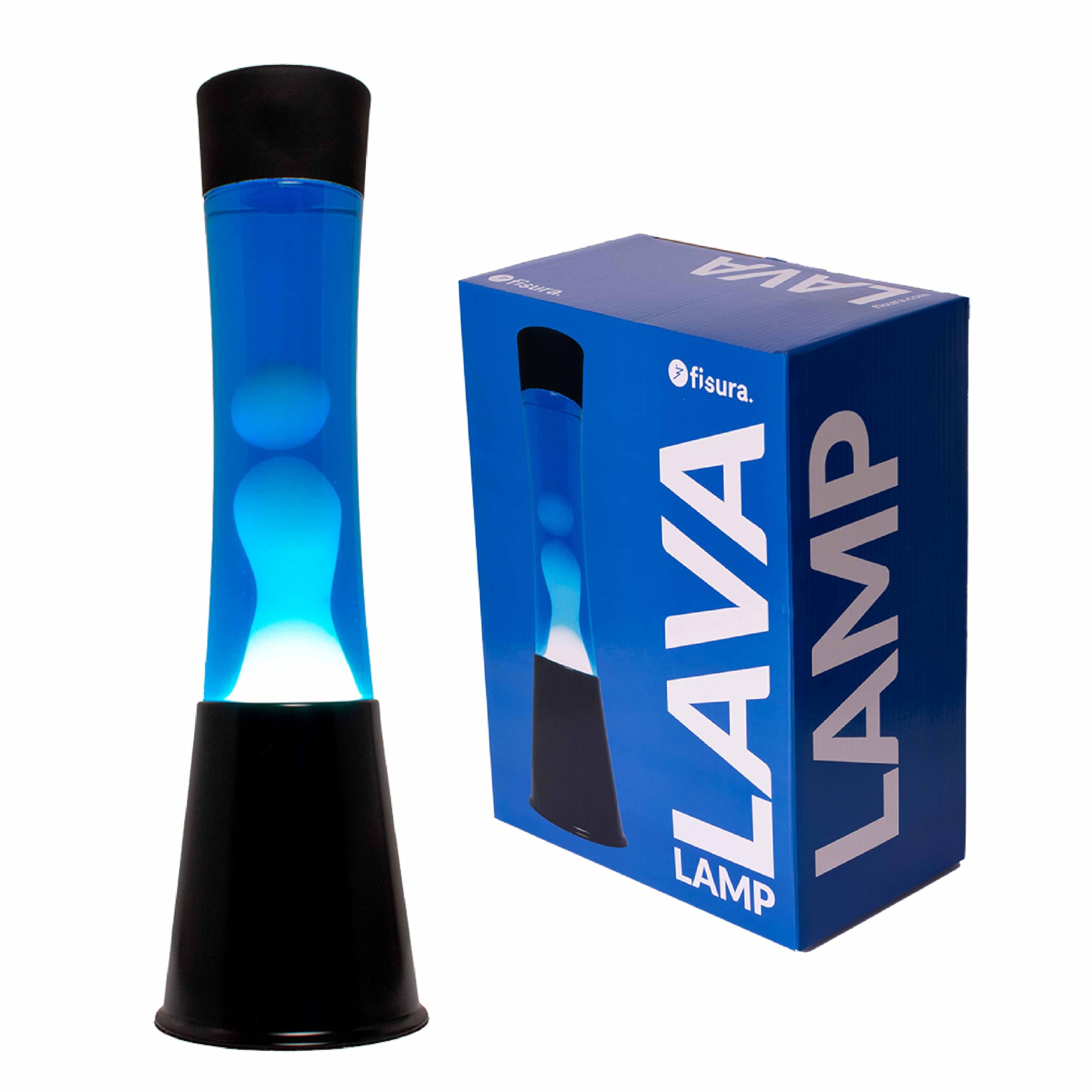 Fisura - Lámpara de lava blanca y azul años 70. Base color negro, líquido azul y lava blanca. Lámpara efecto relajante. Medidas: 11 cm x 11cm x 39,5 cm.