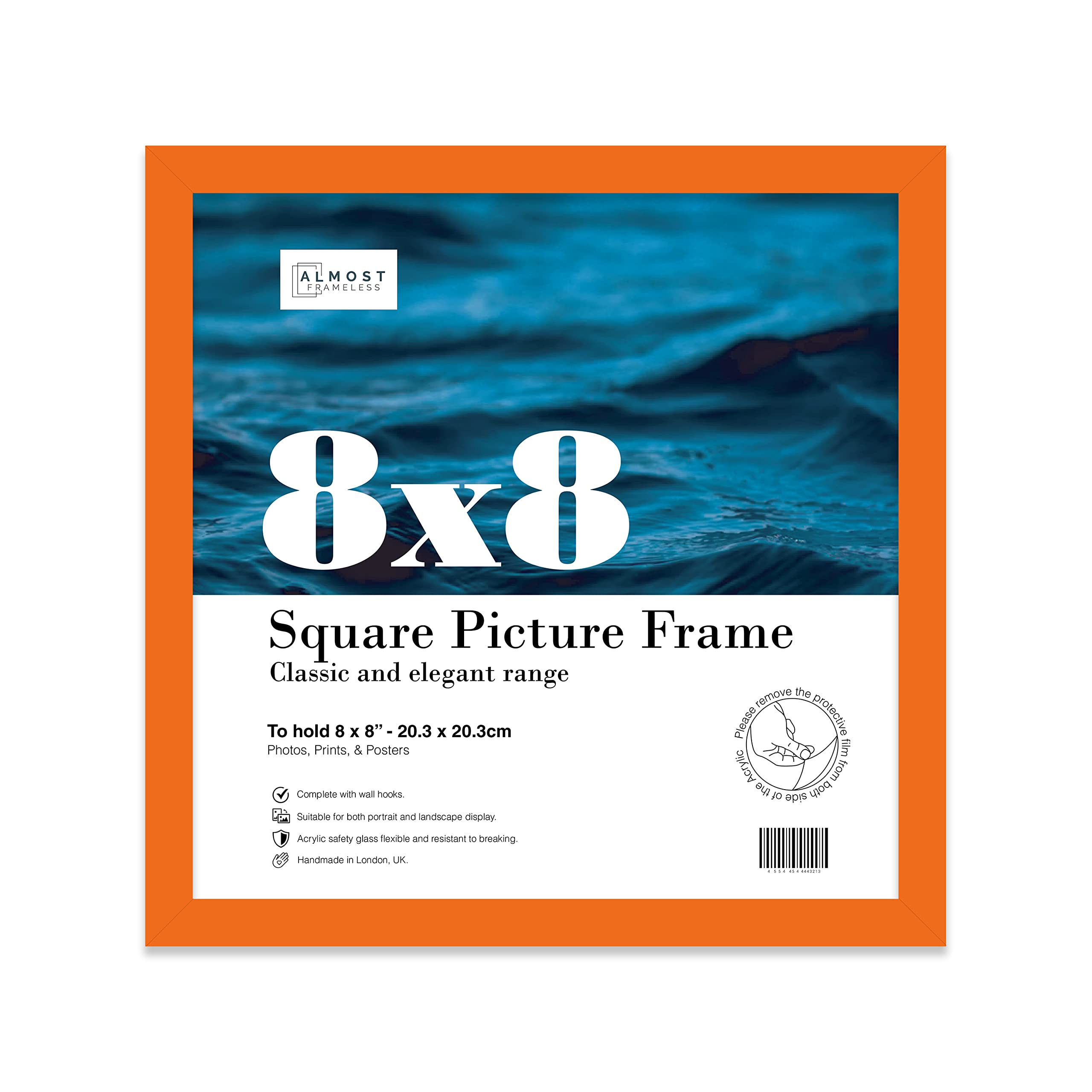 Almost Frameless 8x8 Orange Picture Frame 8"x8" (20.3x20.3cm) Poster, Photo, Artwork, or Print. Thin Edge Slim Frame Portrait and Landscape Display with Wall Hooks