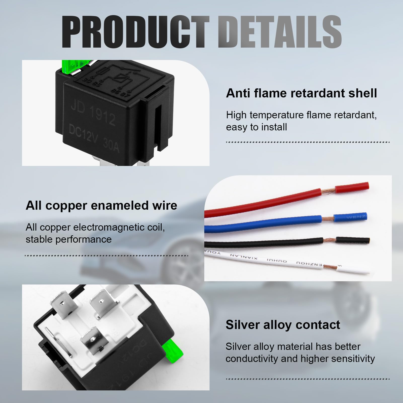 Gebildet 3 autorelais 12 V, 4-polig SPST met ATO/ATC 30A bladzekeringen, normaal open voor de auto, stekker met 12 AWG-draden