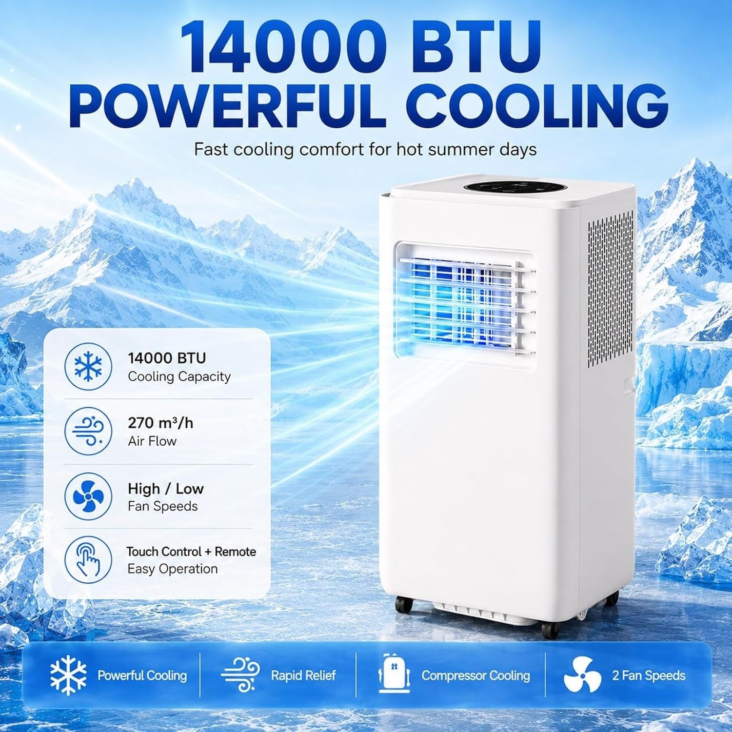 Aire Acondicionado Portátil 14000 BTU con Mando y Temporizador 24H, 4 en 1 Frío y Ventilador para Hogar Interior