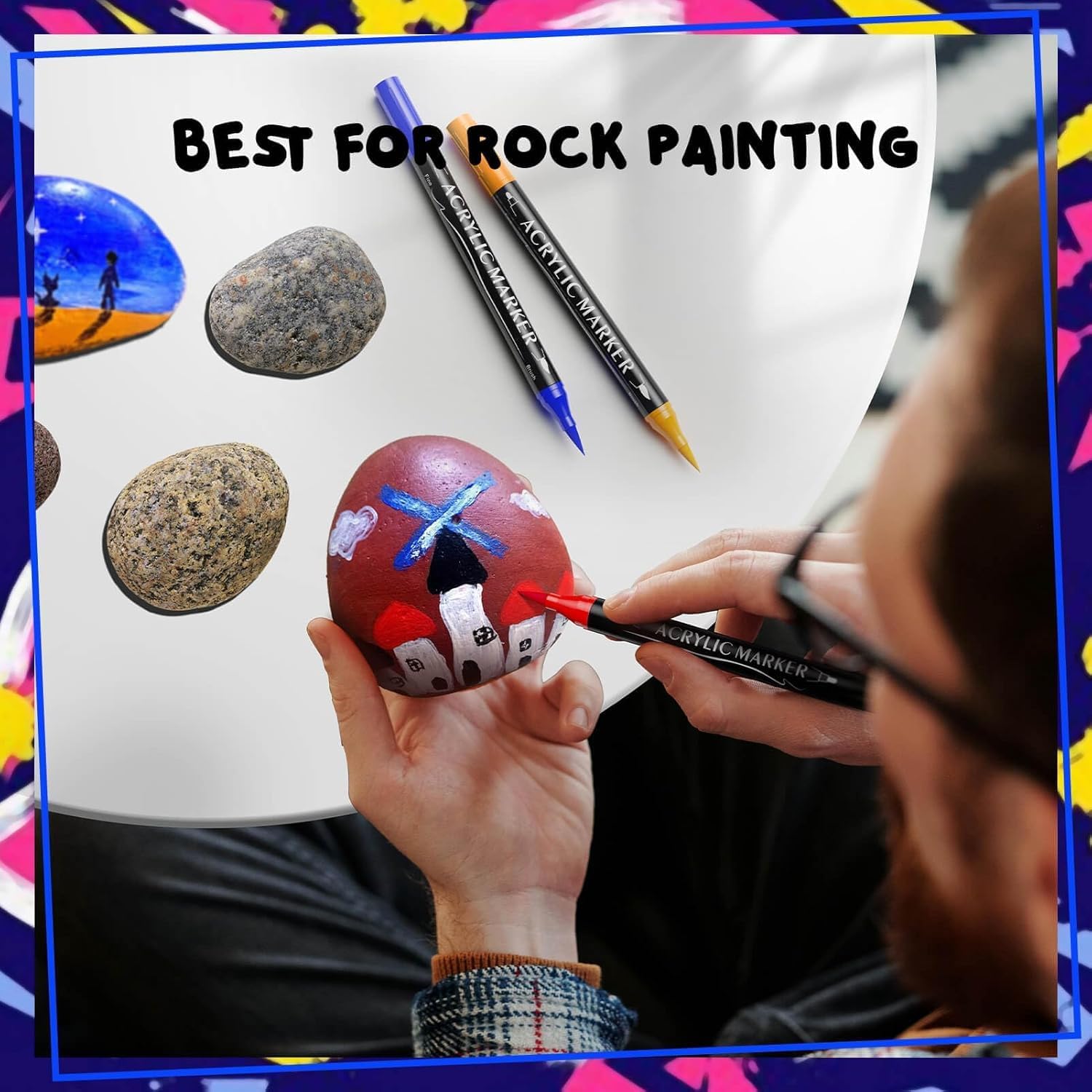 60 Colors Dual Tip Acrylic Paint Markers,Fine Tip and Brush Tip Permanent Acrylic Paint Pens For Rock Painting, Canvas, Wood, Glass, Ceramic, Fabric, Plastic, Egg, Scrapbook,Art Painting Supplies Kit