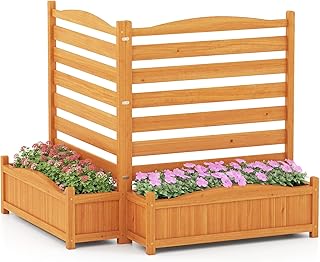 HAPPYGRILL Air Conditioner Fence, 2 Panel Outdoor Privacy Screen with Planter Box, Wood Privacy Fence for AC Unit, No-Dig Kit, Trash Can Pool Equipment Enclosure for Patio Backyard, 34" W x 40" H