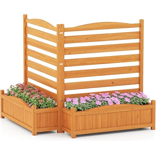 HAPPYGRILL Air Conditioner Fence, 2 Panel Outdoor Privacy Screen with Planter Box, Wood Privacy Fence for AC Unit, No-Dig Kit, Trash Can Pool Equipment Enclosure for Patio Backyard, 34" W x 40" H