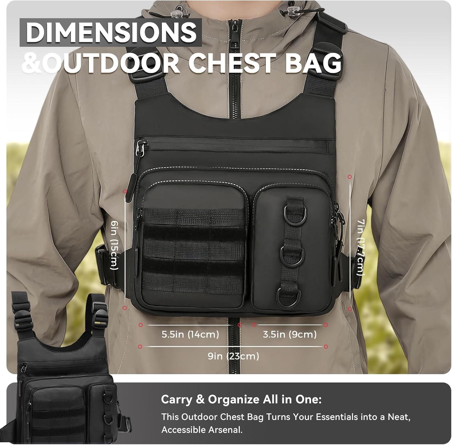 Outdoor Chest Bag for Men, Lightweight Running Vest with Water Bottle Pocket, EDC Chest Pack for Hiking, Cycling - Image 2