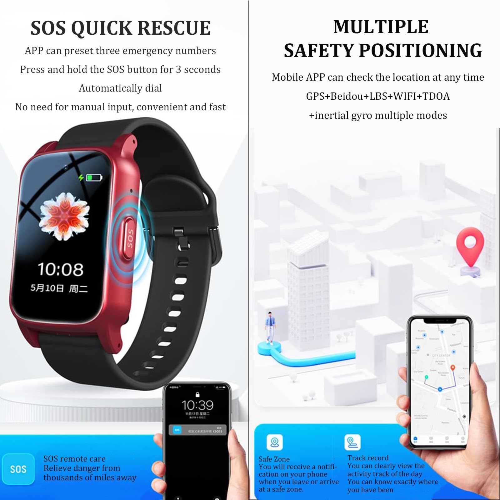Smartwatch Z Wykrywaniem Upadku Dla Osób Starszych,Zegarek Z Lokalizatorem Gps Dla Pacjentów Z Demencją I Autyzmem,Z Funkcją Połączeń Sos,Monitorowanie Stanu Zdrowia,Połączenia Wideo HD Red
