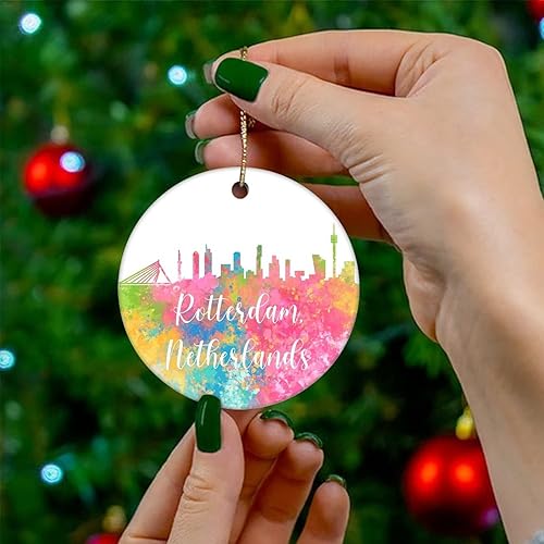 Vista 4 de Two-Side Printed Netherlands-Rotterdam Ceramic Christmas Ornament, Novelty for Family Friends Kids, Colorful City Painting Christmas Keepsake