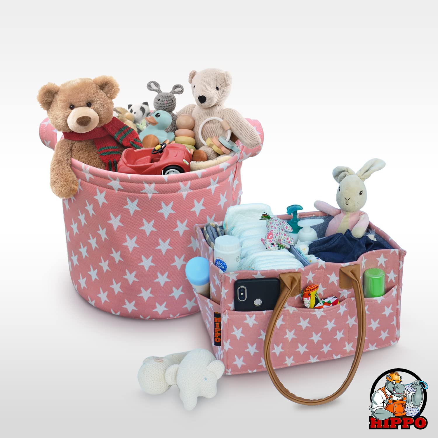 HIPPO 2IN1 Designer Polyester Diaper Caddy & Toy Bin Smart Combo for Newborn Babies Unbreakable Toy Bins Foldable Diaper Bag Large Capacity (Pink-Star, 1) - Image 2 thumbnail