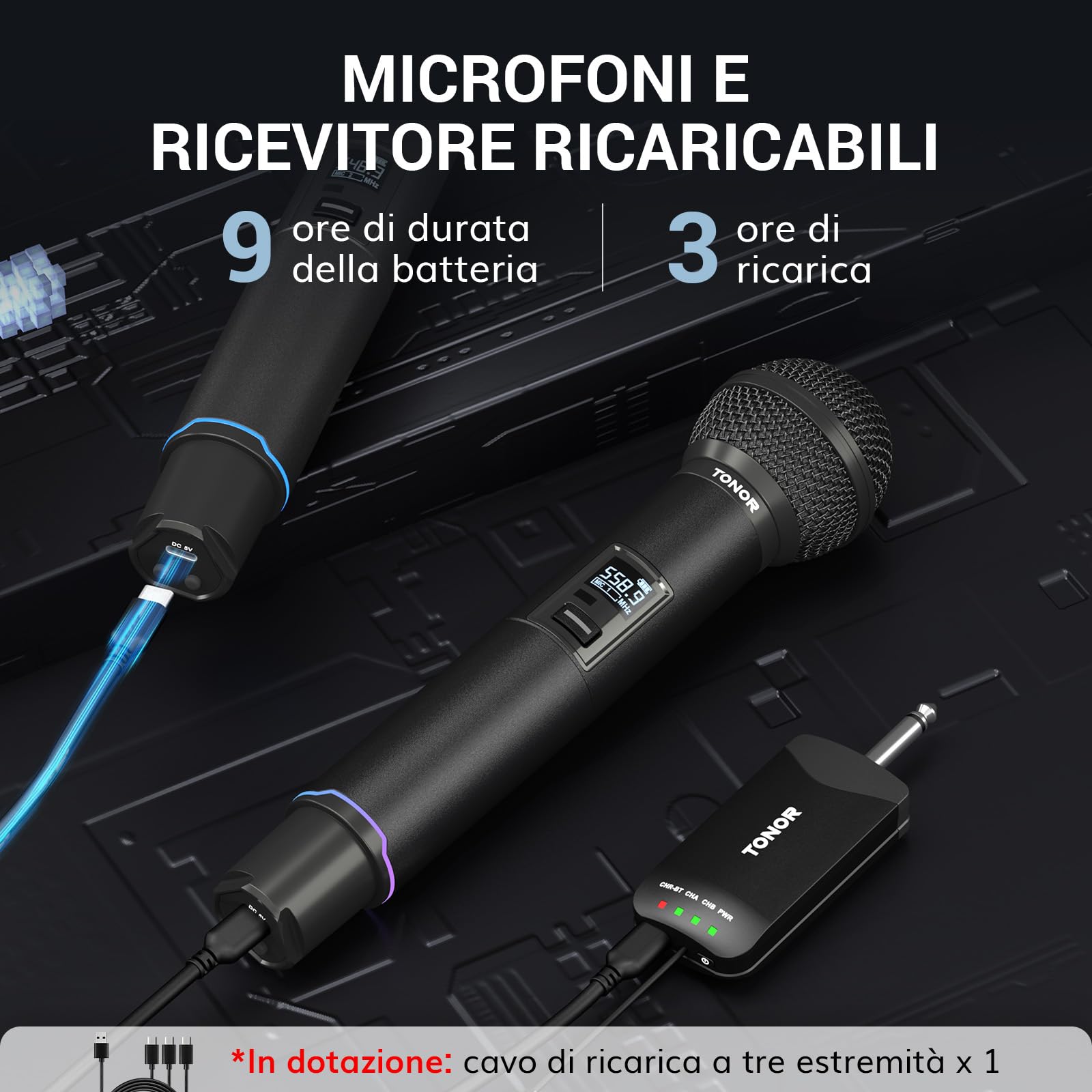 TONOR Microfono Wireless Professionale, Sistema Microfono Ricaricabile Bluetooth, Microfono Dinamico in Metallo UHF 2x25 per Karaoke, Chiesa, Canto, Matrimonio, Riunione, Mute con Clic, 100 M, TW720