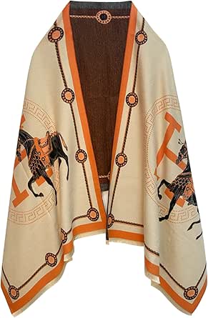 EXTREE Sciarpa Pashmina Donna Con Frange - Scialle Morbido E Caldo, 186x66 Cm, Colore Albicocca Arancione A Motivo Cavallo - 2