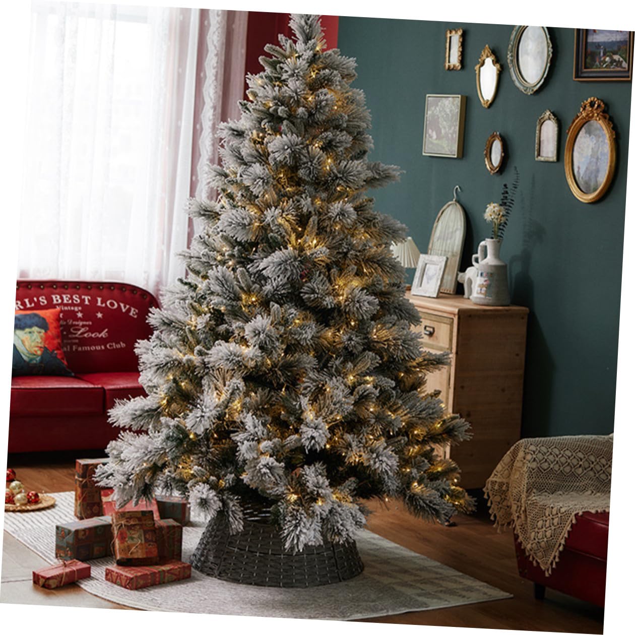 Abaodam Copri Base Intrecciato in Rattan Piccolo Grigio Gonna e Collare per Albero di Natale, Decorazione Natalizia Rustica per Supporto Albero, per Allestimenti Festivi e Ambienti