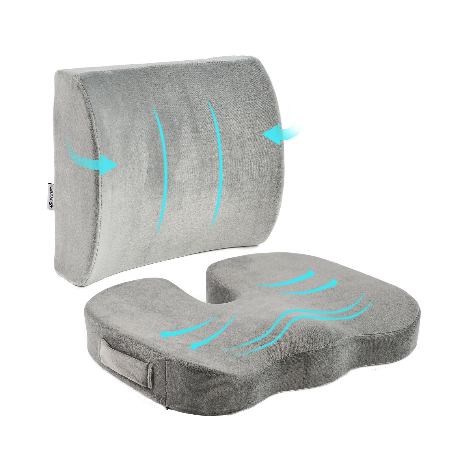 Egret Lumbar Support Pillow - Memory Foam Back Cushion for Office Chair & Car Seat, Pain Relief & Posture Support, Adjustable Straps(Grey)