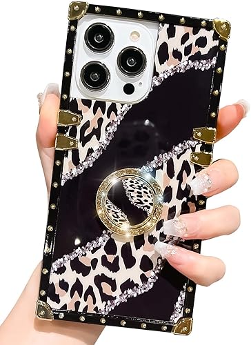 Funda cuadrada de lujo compatible con iPhone 15 Pro de 6.1 pulgadas, funda con soporte de diamante de leopardo, silicona suave y brillante a prueba