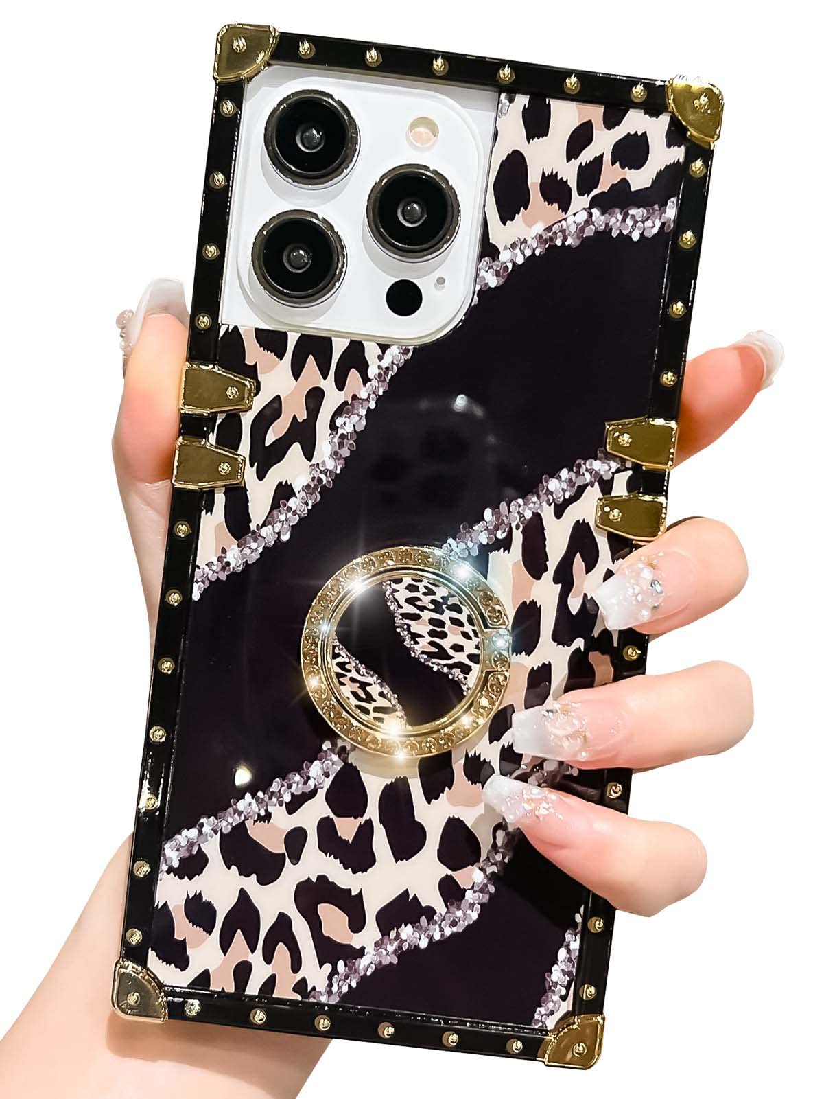 Kwhapoo Luxury Cases Compatible with iPhone 12 Pro Max 6.7 Inch Case, Bling Leopard Diamond Kickstand Cover, Soft Glossy Silicone Shockproof Cheetah