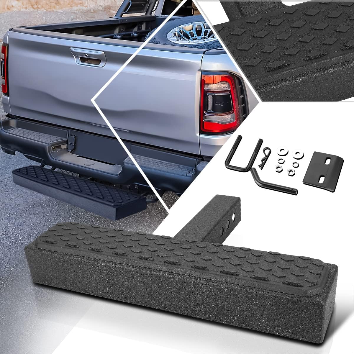 Hitch Step with 2" Receiver Trailer Tow Hitch Step Rear Bumper Guard Compatible with Pickup Truck SUV Trailer, Universal 18.5" Width Hitch Step Bar Board, Stainless Steel, Black
