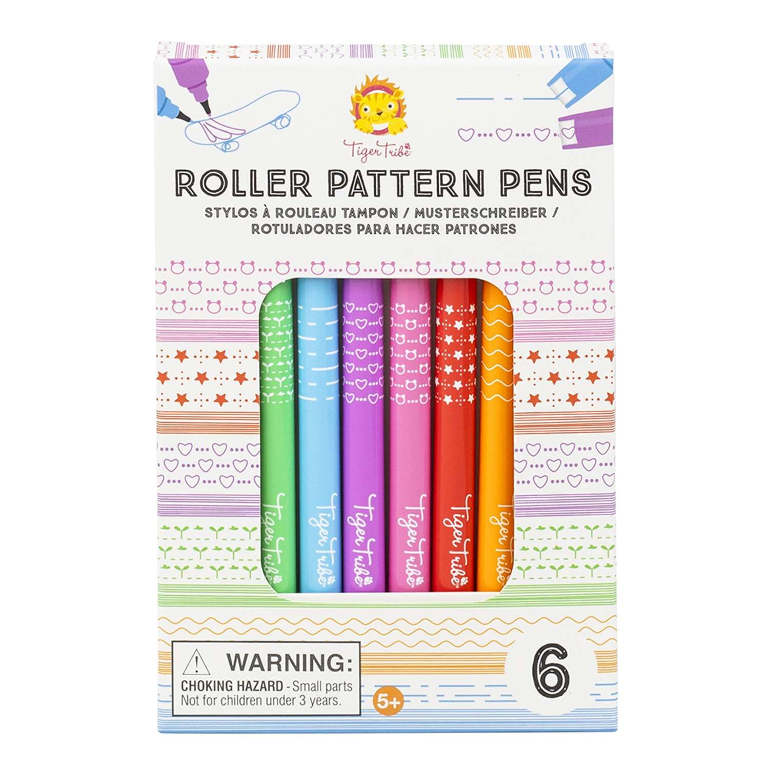 Tiger Tribe Roller Pattern Pen Set - 6 Piece Double Sided Stamp Pens & Fine Tip Markers, Kids Stationary Sets & Art Kits, Craft Gifts For Girls & Boys, Age 5 Years Old +